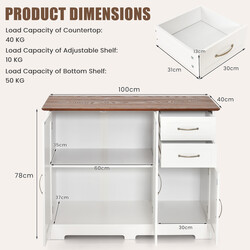 Køkkenskab hvid MDF 100x40x78 cm med arbejdsflade justerbar hylde og to skuffer
