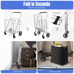 Sammenklappelig indkøbsvogn med metalram Oxford taske to kurve sølv