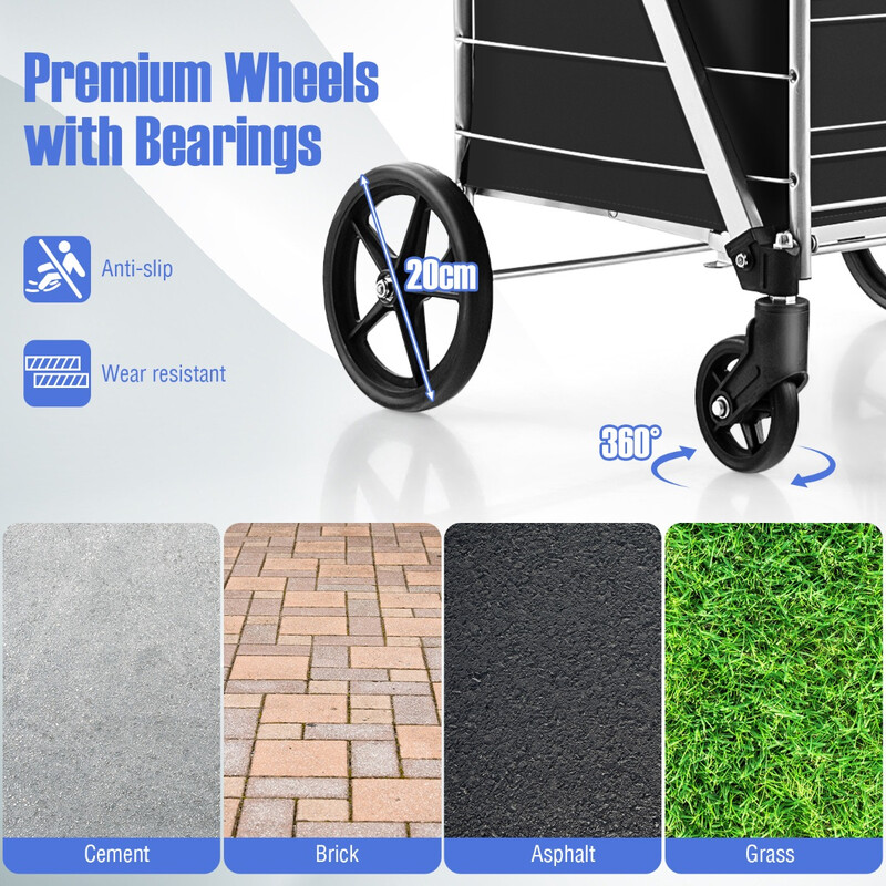 Sammenklappelig indkøbsvogn med metalram Oxford taske to kurve sølv