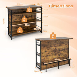 Barbord rustik brun metal MDF 120x60 cm med vinhylde og glasholdere