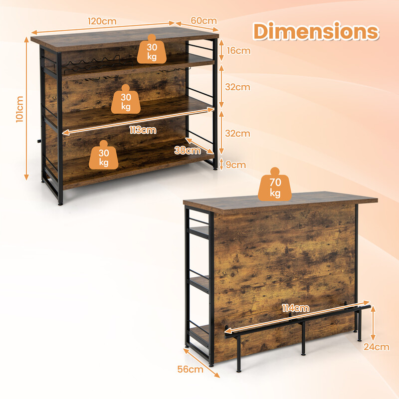 Barbord rustik brun metal MDF 120x60 cm med vinhylde og glasholdere