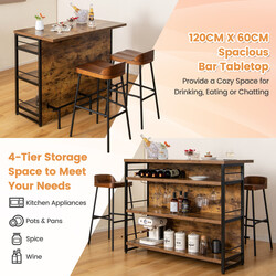 Barbord rustik brun metal MDF 120x60 cm med vinhylde og glasholdere