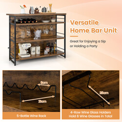 Barbord rustik brun metal MDF 120x60 cm med vinhylde og glasholdere