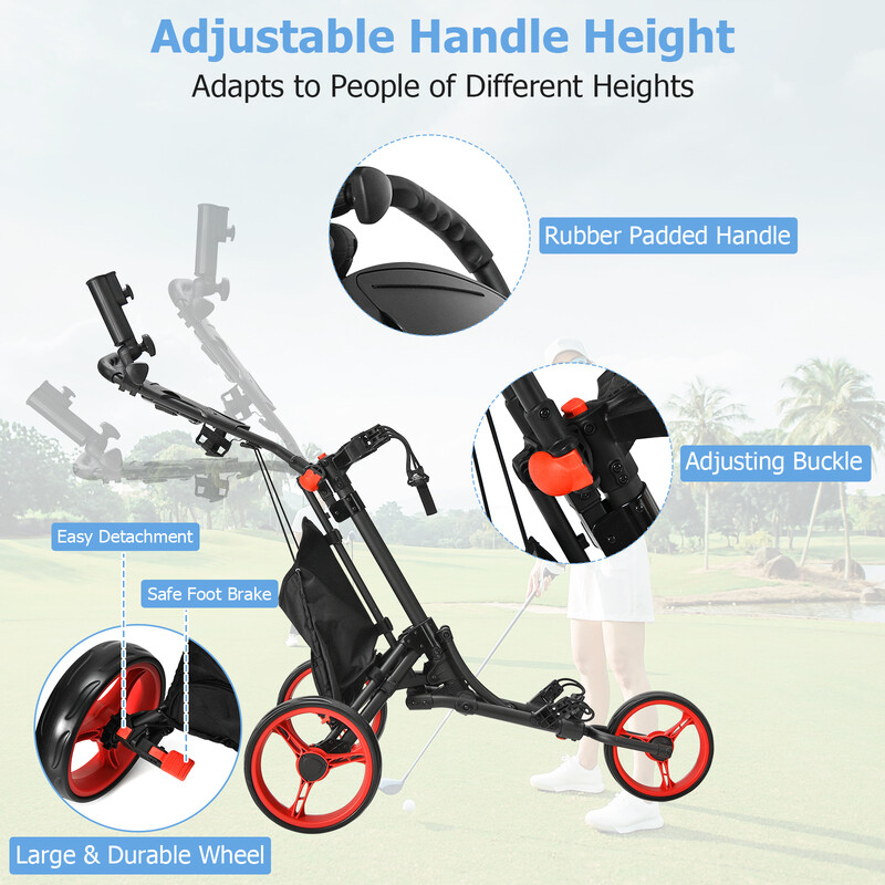 Golfvogn aluminium blå justerbart håndtag 99-114 cm foldbar med paraplyholder og opbevaringspose