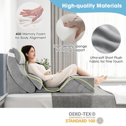 7-delt ortopædisk kilpudesæt i memoryskum grå justerbare puder vaskbart overtræk