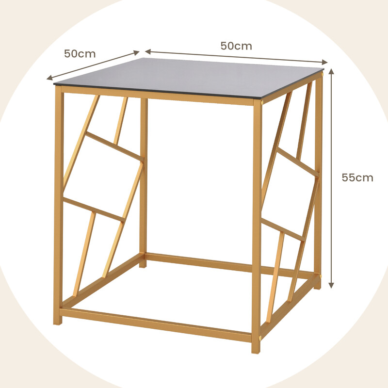 Sidebord i hærdet glas med gylden metalram 50x50x55 cm