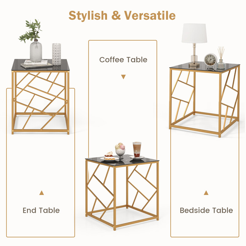 Sidebord i hærdet glas med gylden metalram 50x50x55 cm