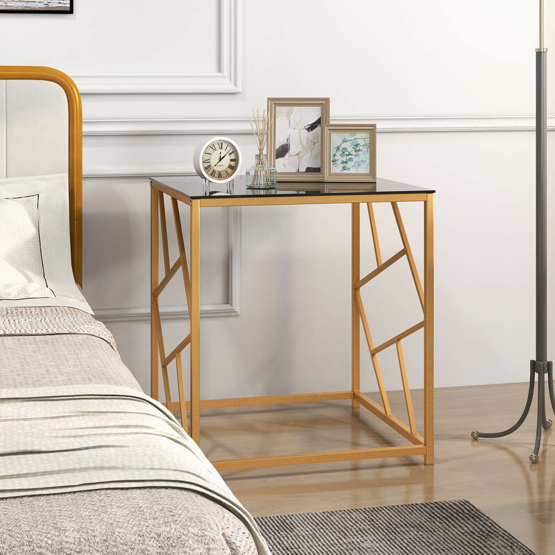 Sidebord i hærdet glas med gylden metalram 50x50x55 cm