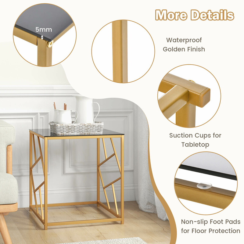 Sidebord i hærdet glas med gylden metalram 50x50x55 cm