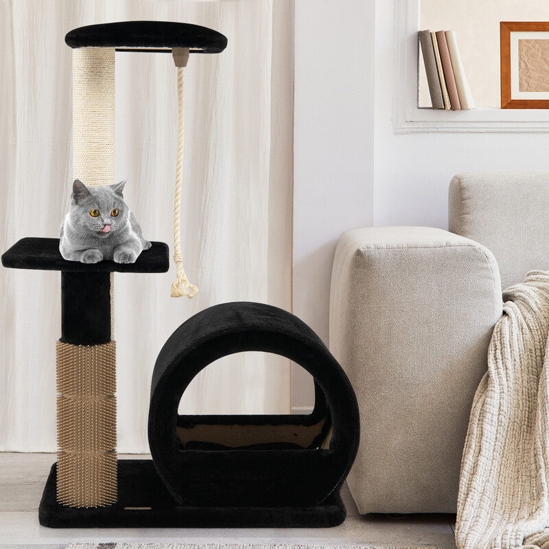 Katteklatretræ sort 92 cm med sisal bambus og fløjl
