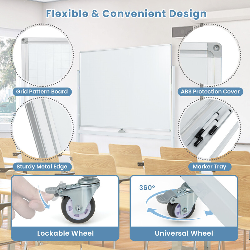 Whiteboard dobbelt side justerbar højde mobil hvid metalramme 120x90 cm