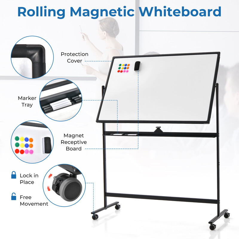 Whiteboard højdejusterbar dobbelt‑sidet magnetisk 120x80 cm aluminiumramme med hjul