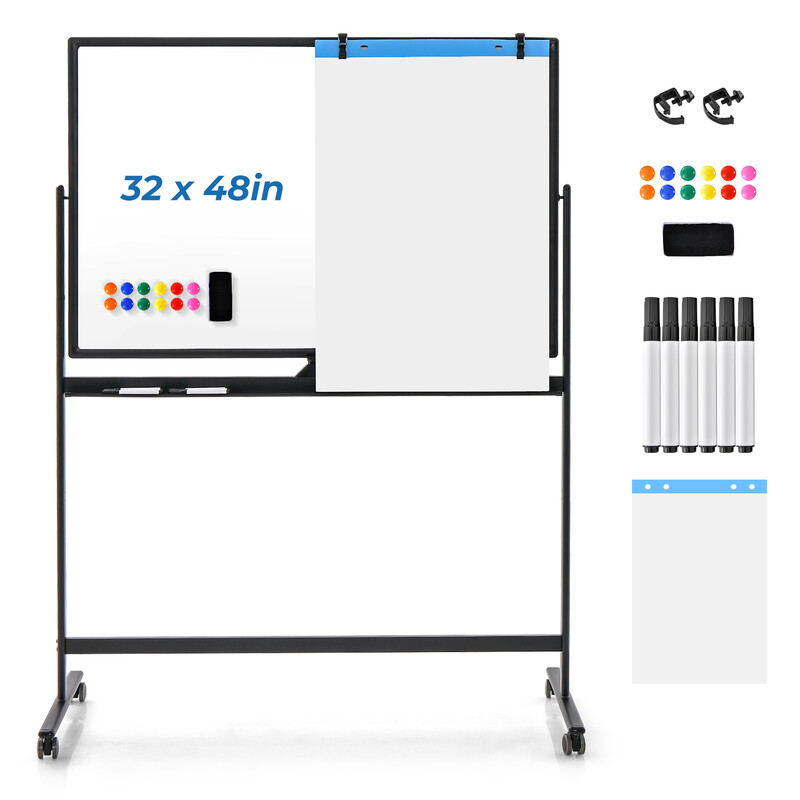 Whiteboard højdejusterbar dobbelt‑sidet magnetisk 120x80 cm aluminiumramme med hjul