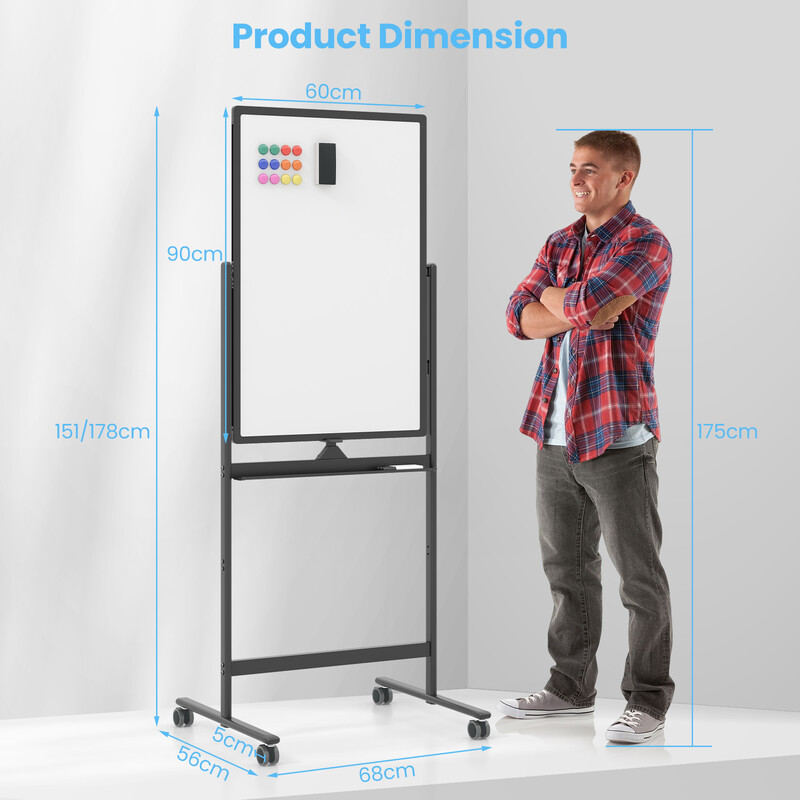 Dobbelt‑sidet mobil whiteboard sort 60x90 cm justerbar højde med hjul