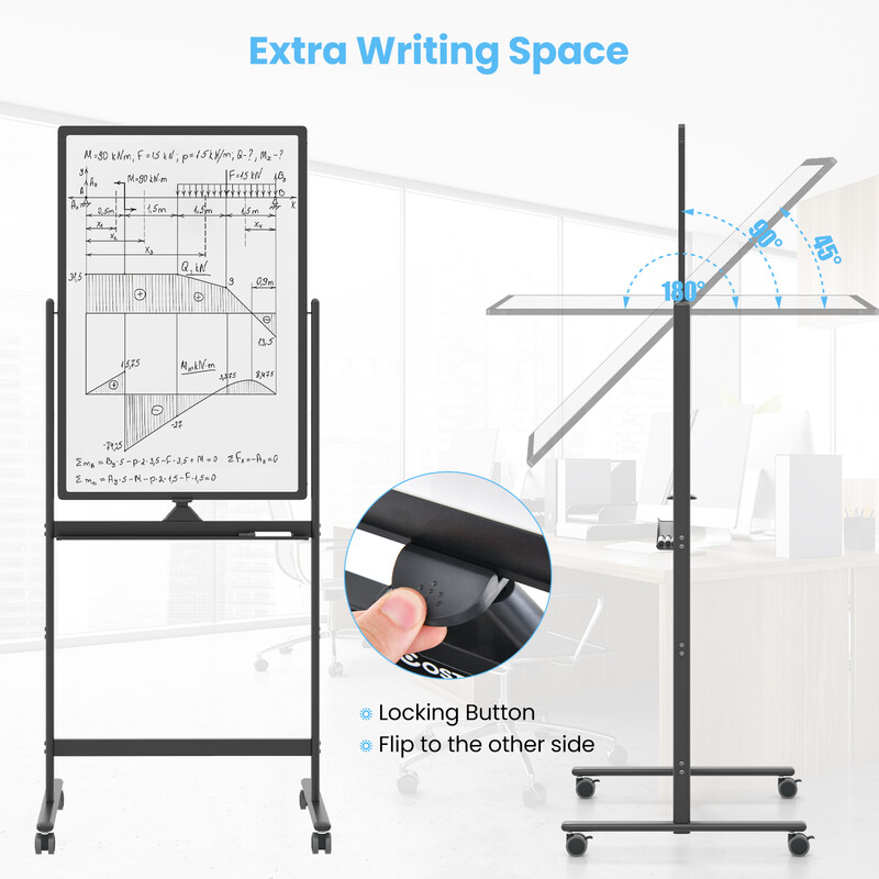 Dobbelt‑sidet mobil whiteboard sort 60x90 cm justerbar højde med hjul