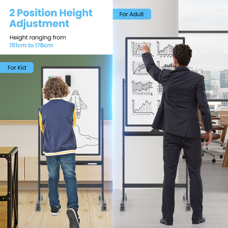 Dobbelt‑sidet mobil whiteboard sort 60x90 cm justerbar højde med hjul