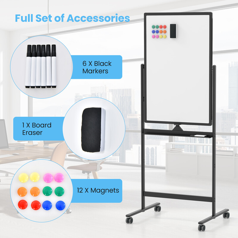 Dobbelt‑sidet mobil whiteboard sort 60x90 cm justerbar højde med hjul