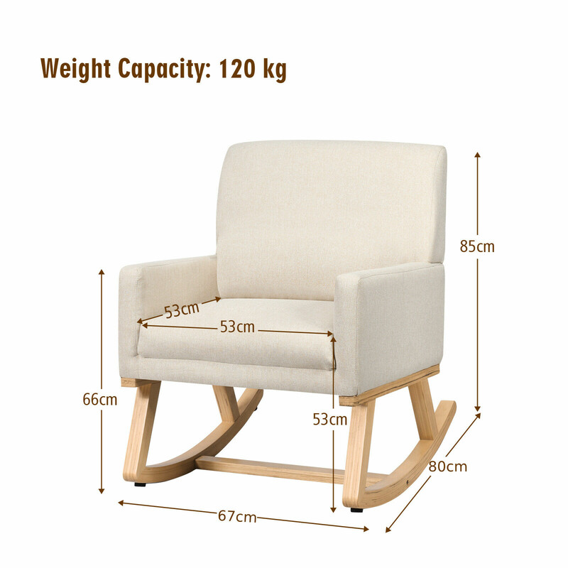 Gungestol i massivt træ med beige stof ergonomisk design 67x87x85 cm