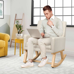 Gungestol i massivt træ med beige stof ergonomisk design 67x87x85 cm