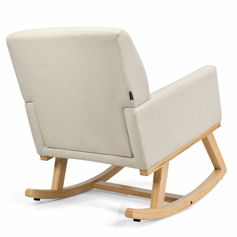 Gungestol i massivt træ med beige stof ergonomisk design 67x87x85 cm