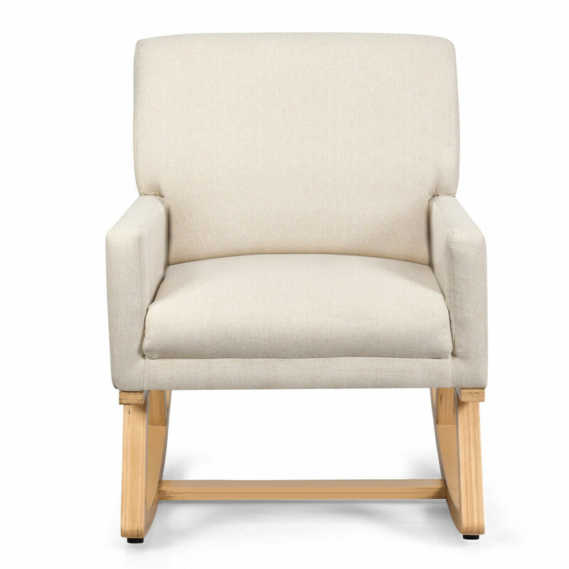 Gungestol i massivt træ med beige stof ergonomisk design 67x87x85 cm