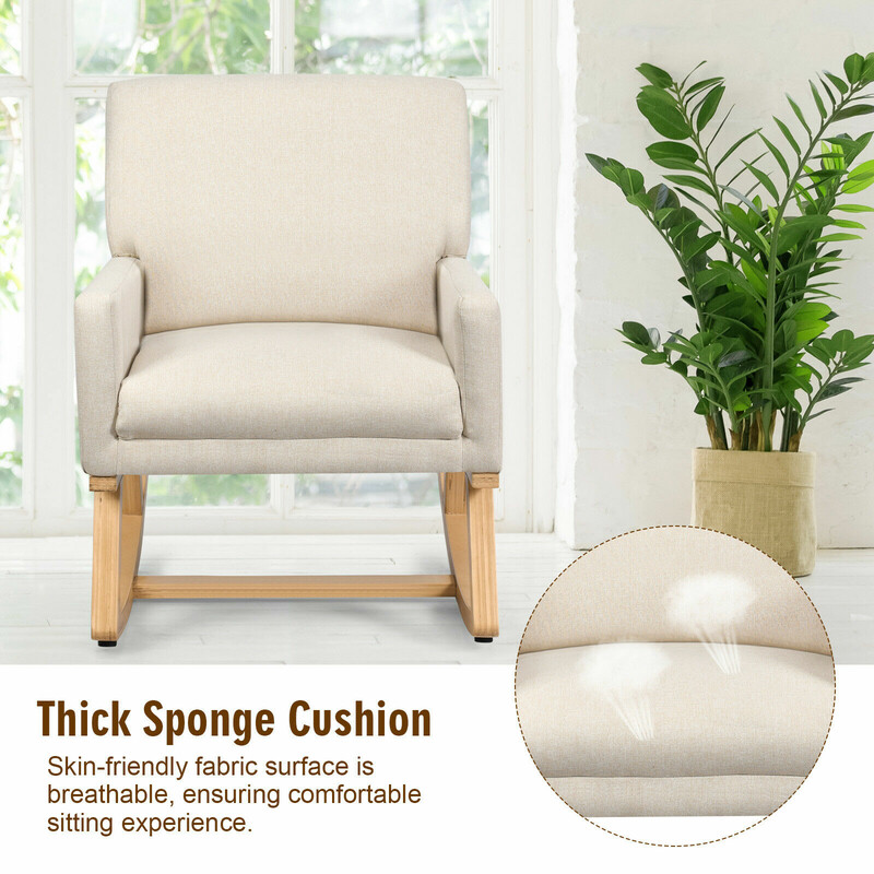 Gungestol i massivt træ med beige stof ergonomisk design 67x87x85 cm