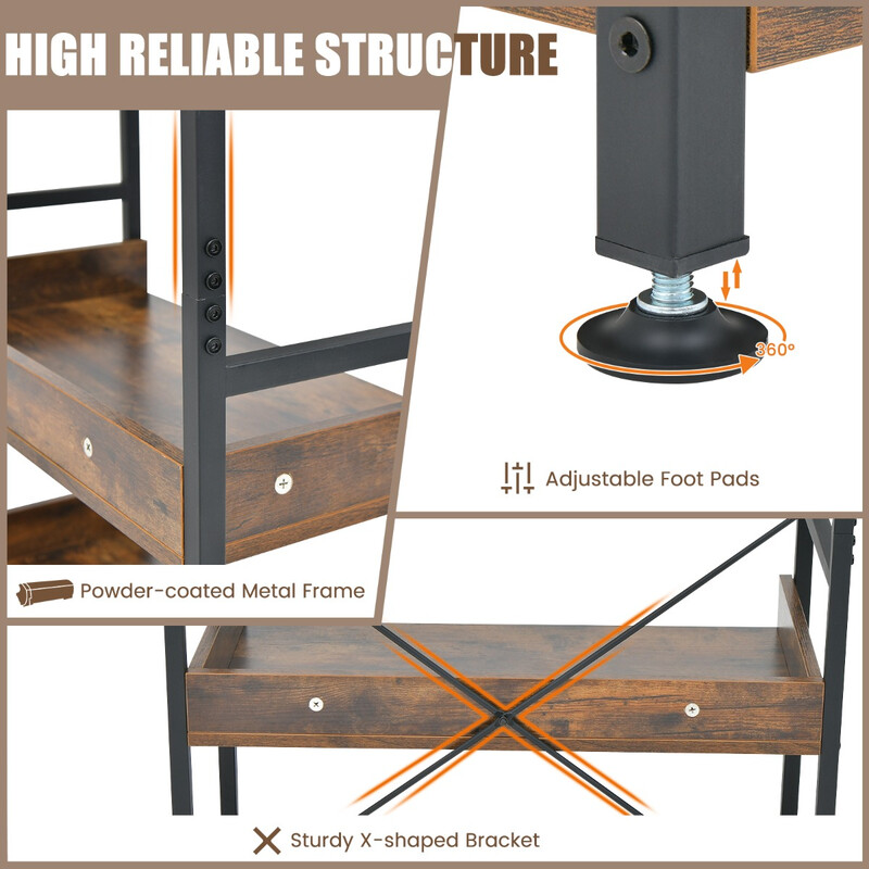 Metallbogreol 6 hylder 4 kroge rustik brun sort 69x34x177 cm
