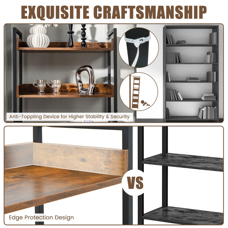 Metallbogreol 6 hylder 4 kroge rustik brun sort 69x34x177 cm