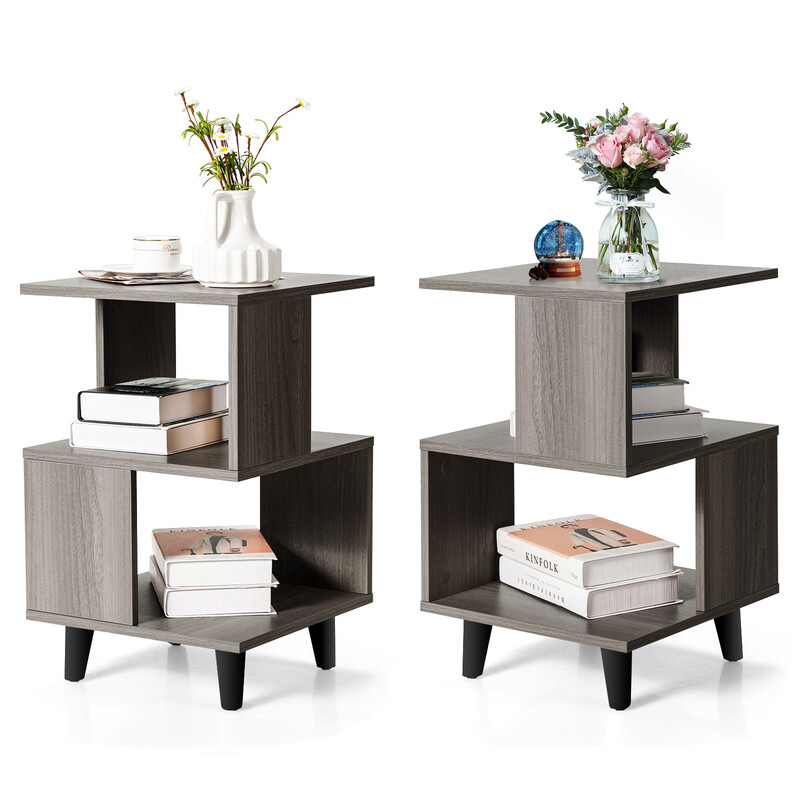 Natbord sæt 2 stk massivt træ spånskive grå 40x40x64 cm