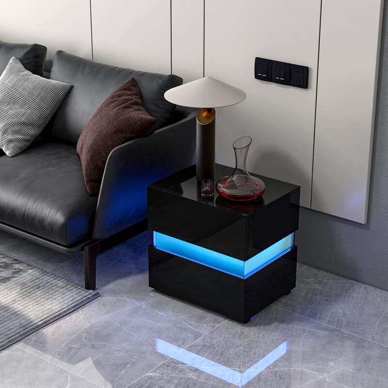 LED sengebord sort MDF 45x35x45 cm med fjernbetjening og to skuffer