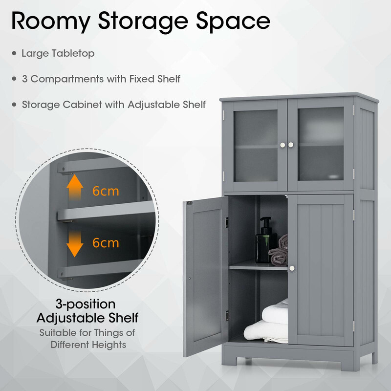 Gulvskab grå MDF med hærdet glas fire døre justerbar hylde 58x30x109 cm