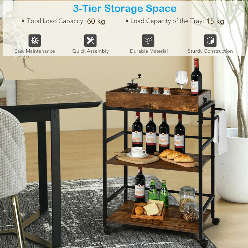 Serveringsvogn rustik brun sort 73x40x93 cm metalram med aftagelig træbakke