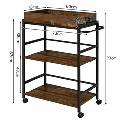 Serveringsvogn rustik brun sort 73x40x93 cm metalram med aftagelig træbakke