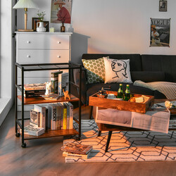 Serveringsvogn rustik brun sort 73x40x93 cm metalram med aftagelig træbakke