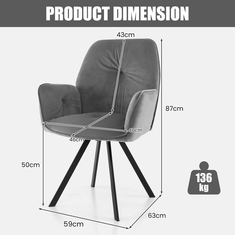 2-pak drejbare fløjlsstole med metalben grå 63x59x87 cm