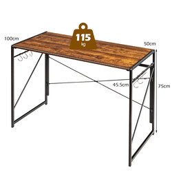 Foldbart computerskrivebord rustik brun 100x50 cm træ og metal stabil