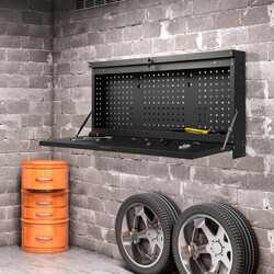 Vægmonteret arbejdsbord i sort koldvalset stål 110x52 cm med værktøjstavle