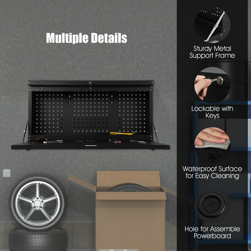 Vægmonteret arbejdsbord i sort koldvalset stål 110x52 cm med værktøjstavle