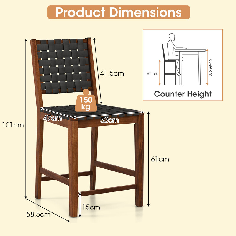 2 barstole akacietræ med PU-læder sort brun 61cm sædehøjde 150kg kapacitet