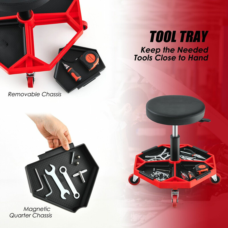 Værkstedsstol med justerbar højde og værktøjsbakke rød sort 150 kg
