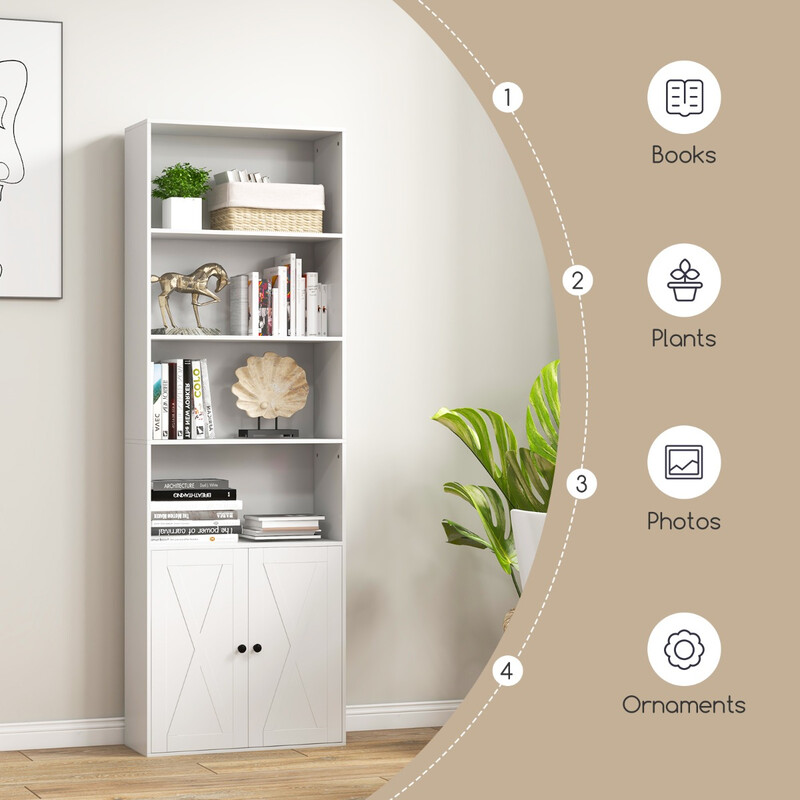 Hvid MDF bogreol med skab 6 justerbare hylder 180 cm