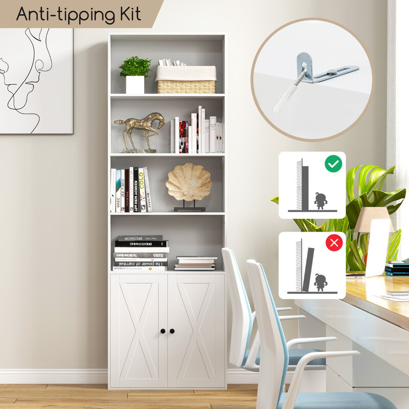 Hvid MDF bogreol med skab 6 justerbare hylder 180 cm