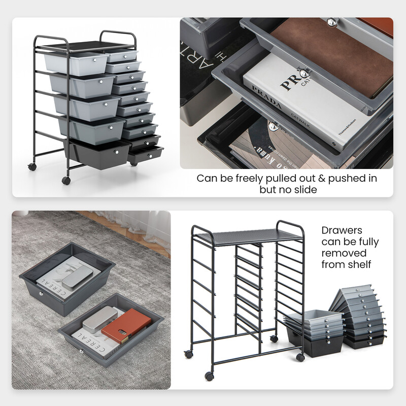 Opbevaringsvogn sort med 15 aftagelige skuffer og hjul 63x37x87 cm
