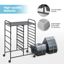 Opbevaringsvogn sort med 15 aftagelige skuffer og hjul 63x37x87 cm