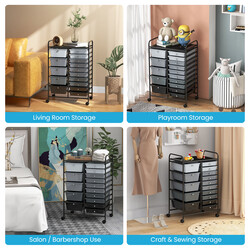 Opbevaringsvogn sort med 15 aftagelige skuffer og hjul 63x37x87 cm