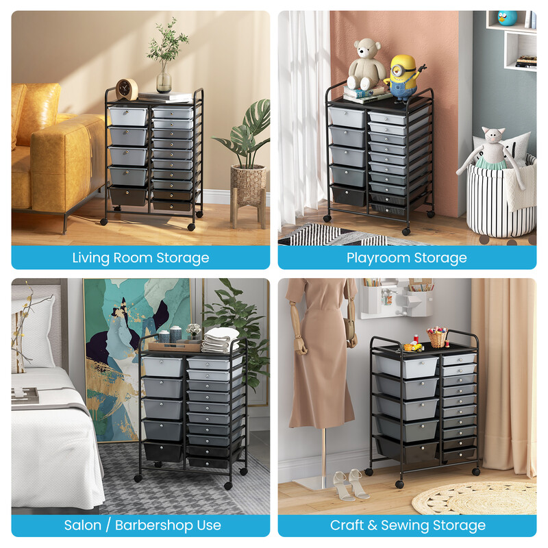 Opbevaringsvogn sort med 15 aftagelige skuffer og hjul 63x37x87 cm