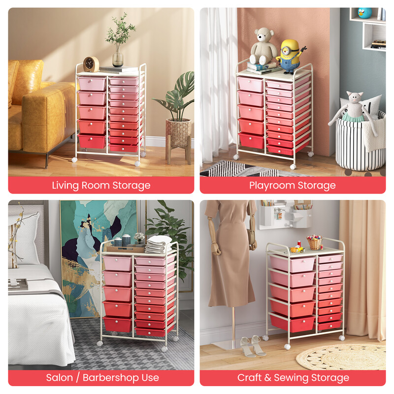 Opbevaringsvogn med 15 skuffer sort jern og PP 63x37x87 cm