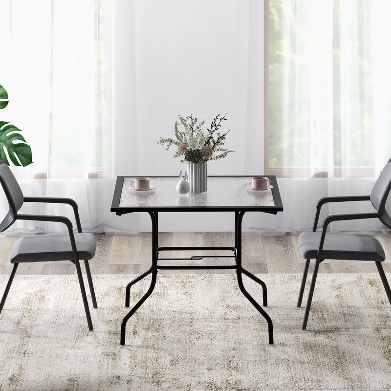 Terrassebord sort glasplade 89 cm udendørs med parasolhulsstativ