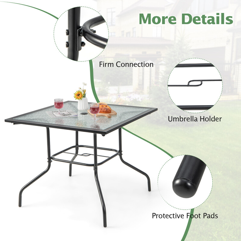 Terrassebord sort glasplade 89 cm udendørs med parasolhulsstativ