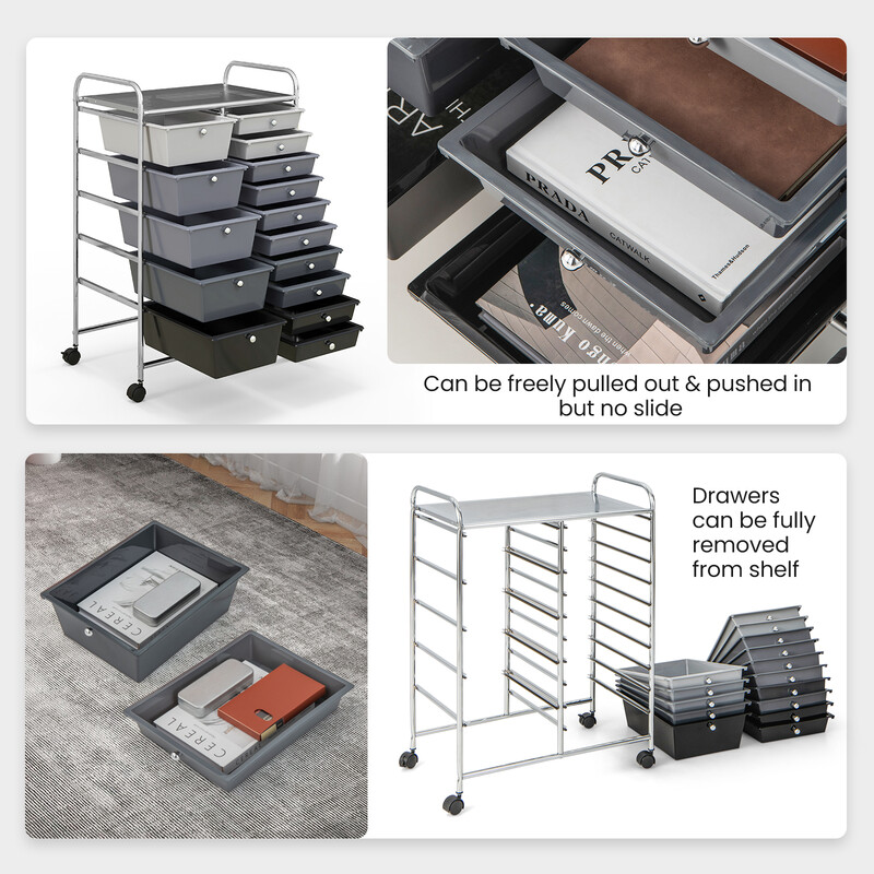 Opbevaringsvogn i jern og PP 15 skuffer 63x37x87 cm hjul med bremser